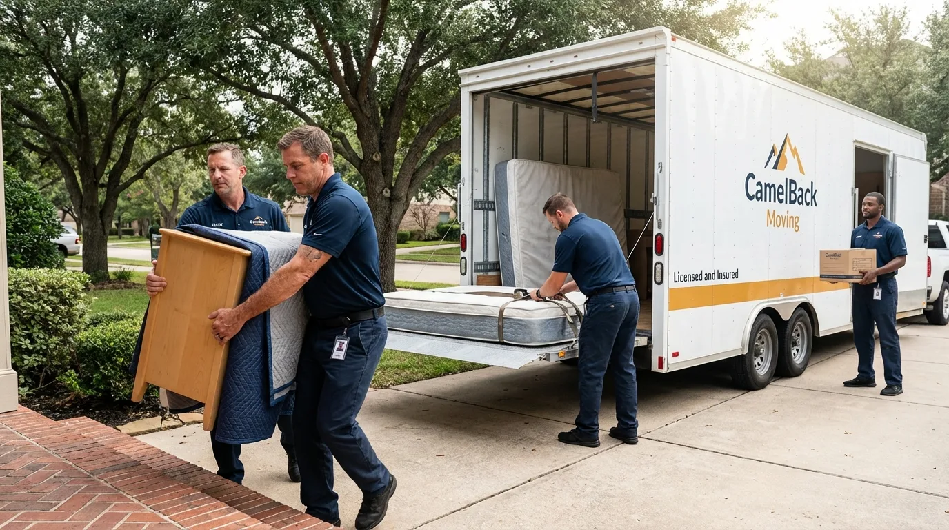 Crew loading residential truck for cross-state move from Brownsburg, IN