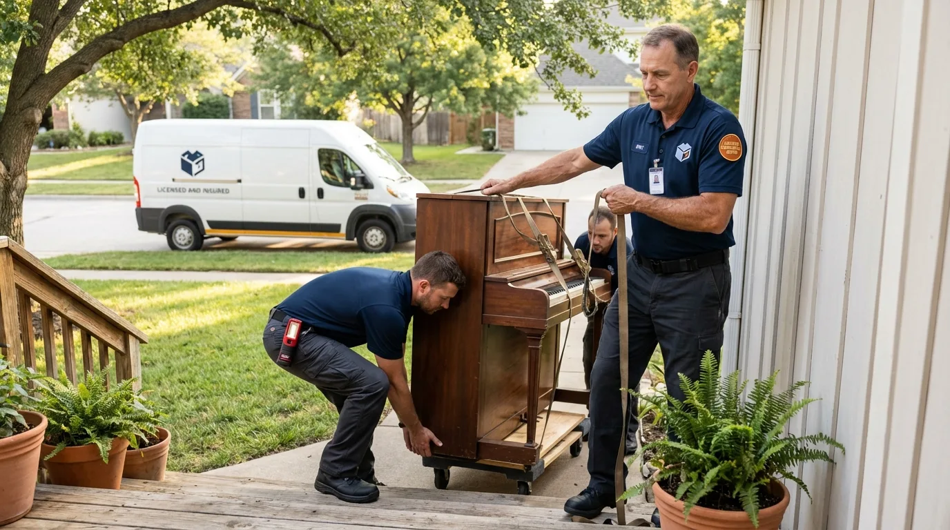 Licensed piano movers securing grand piano in Brownsburg, IN