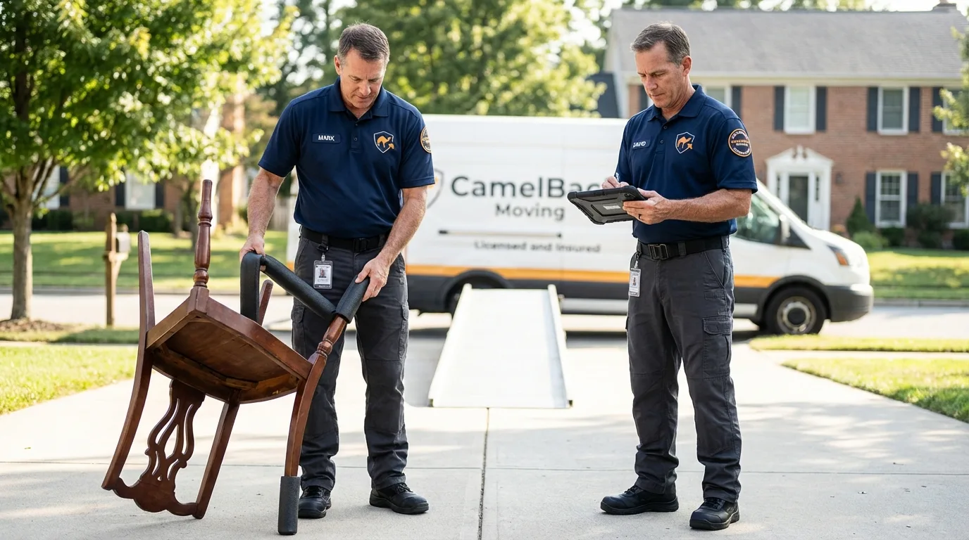 Movers inspecting furniture for damage prevention before loading in Brownsburg, IN